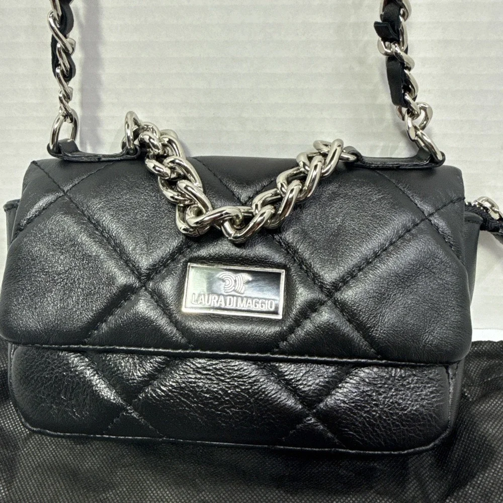Laura Di Maggio Italian-made Leather Quilted Shoulder Bag – Black-preowned.